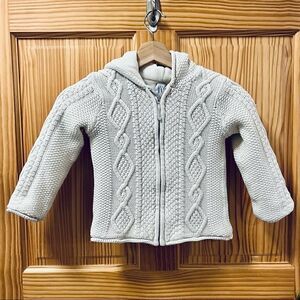 Baby Gap cream white cable knit full zip fleece lined hood sweater jacket coat 4